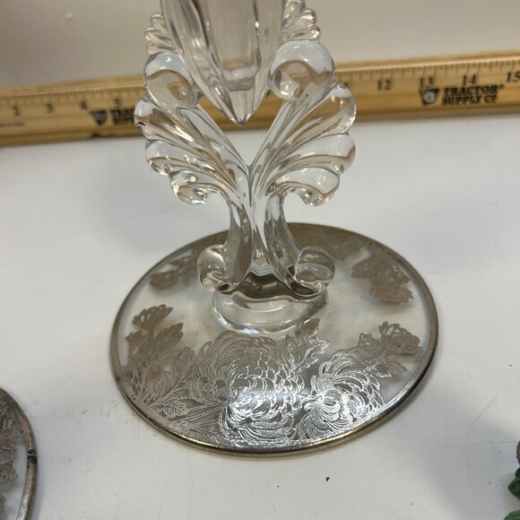 Vintage Clear Pair of Crystal Glass Candle Holders with Floral Etching Decor - Picture 2 of 3